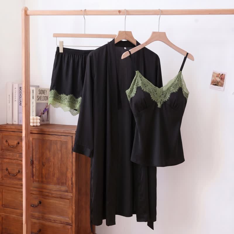 Solid V-Neck Lace Trim Cami Pajama Set(3PCS) - Black - XL - image 0