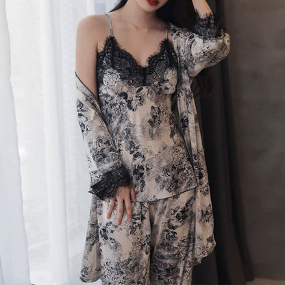 Elegant Black Floral Lace Camisole Robe Set(3PCS) - image 1