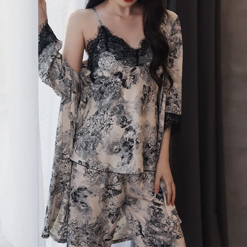 Elegant Black Floral Lace Camisole Robe Set(3PCS) - image 2