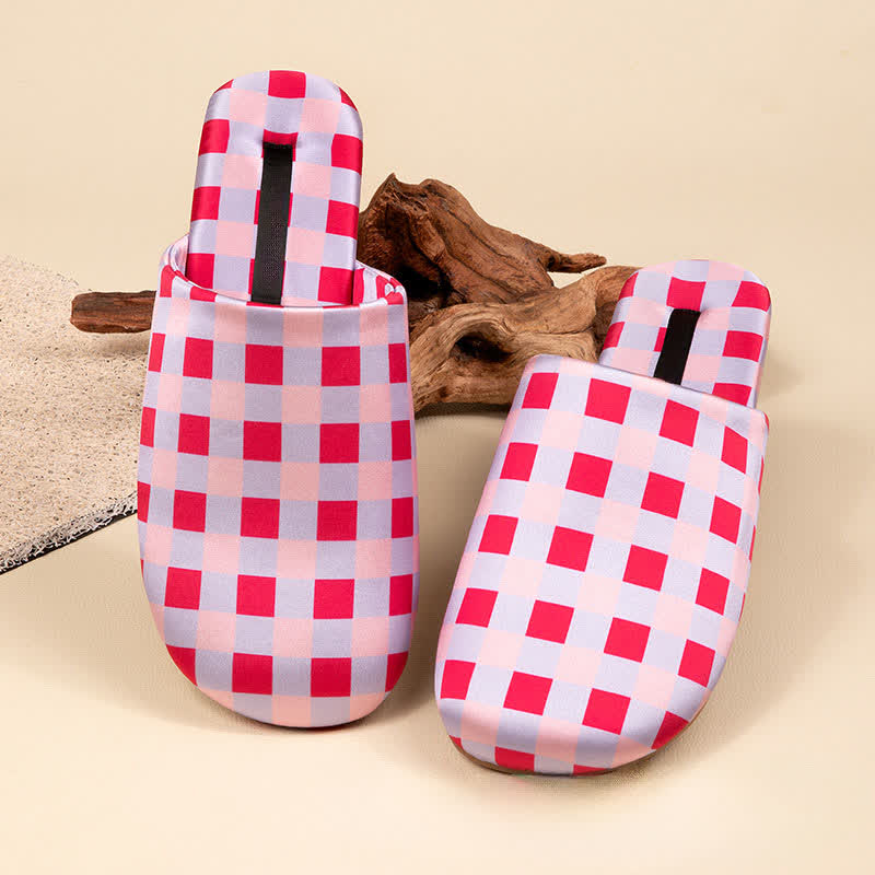 Breathable Satin-Touch Plaid House Shoes - Pink - L - image 9