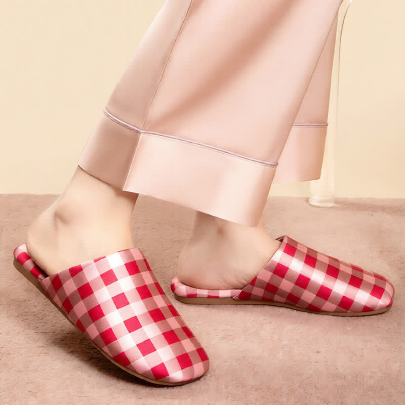 Breathable Satin-Touch Plaid House Shoes - image 2