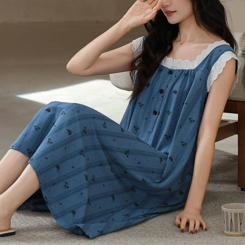 Striped Floral Cotton Lace Sleeveless Nightgown - image 2
