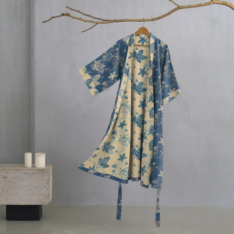 Unisex Maple Leaf Cotton Kimono Robe - Blue - XL - image 0