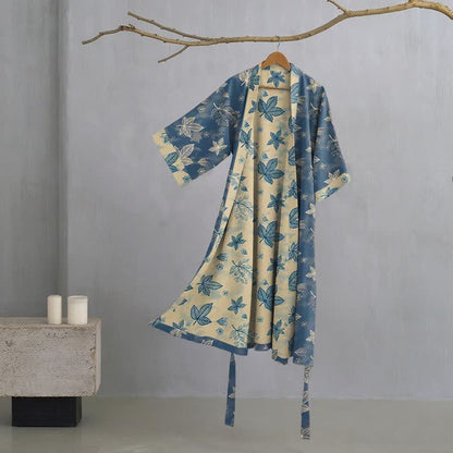 Unisex Maple Leaf Cotton Kimono Robe - Blue - XL - image 0