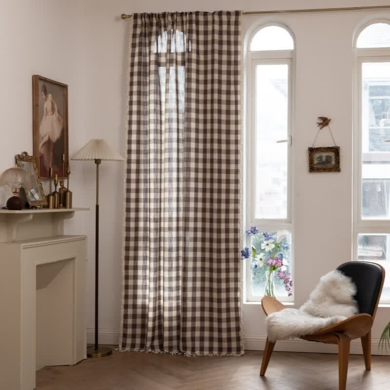Country Style Grid Curtain with Tassels - Coffee - 55" x 118" - image 33