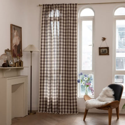 Country Style Grid Curtain with Tassels - Coffee - 55" x 118" - image 33