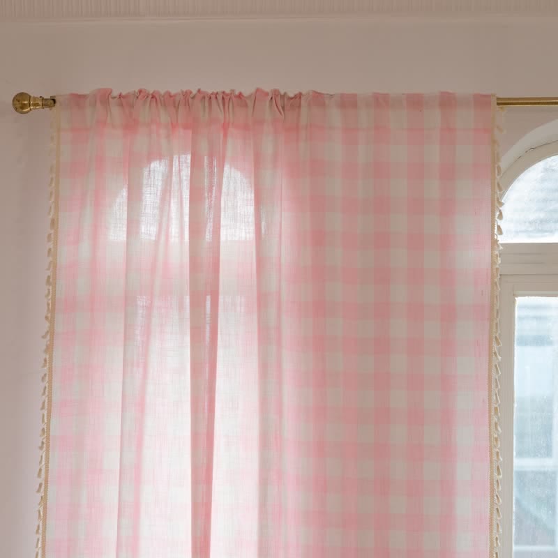 Country Style Grid Curtain with Tassels - image 3
