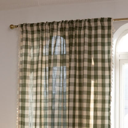 Country Style Grid Curtain with Tassels - image 9