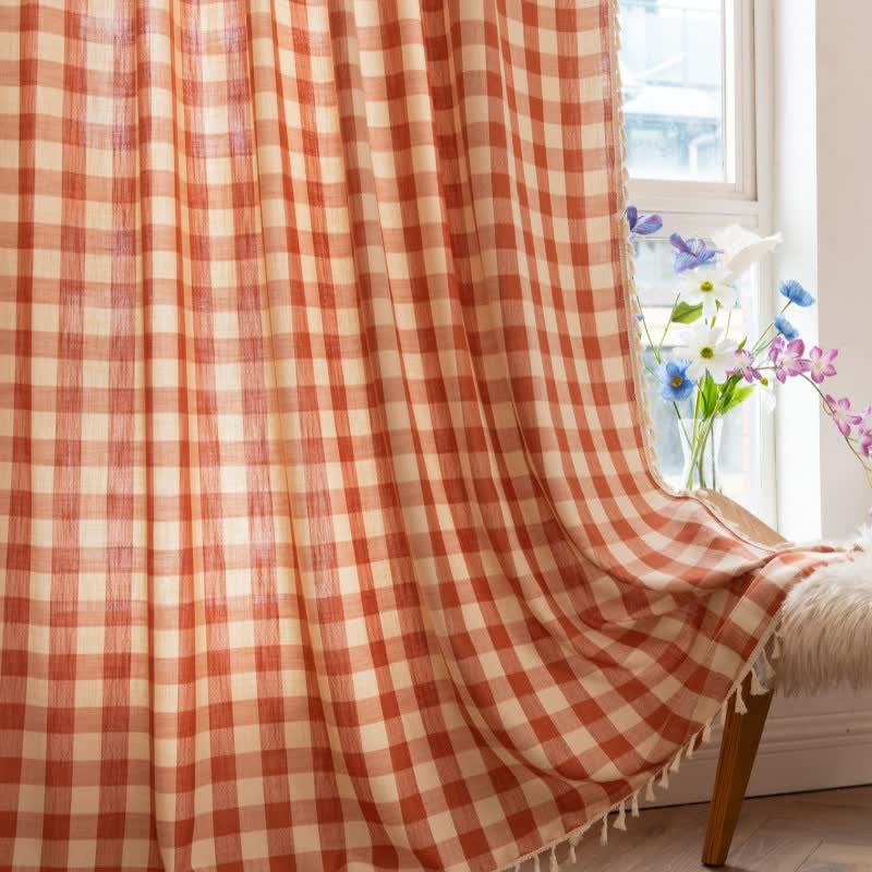 Country Style Grid Curtain with Tassels - image 11