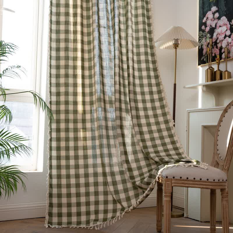 Country Style Grid Curtain with Tassels - image 7