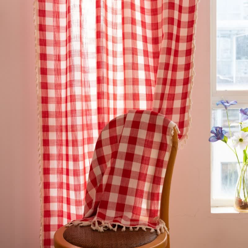 Country Style Grid Curtain with Tassels - image 27