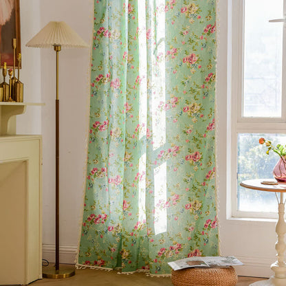 Rustic Green Rose Curtain with Tassel - image 4