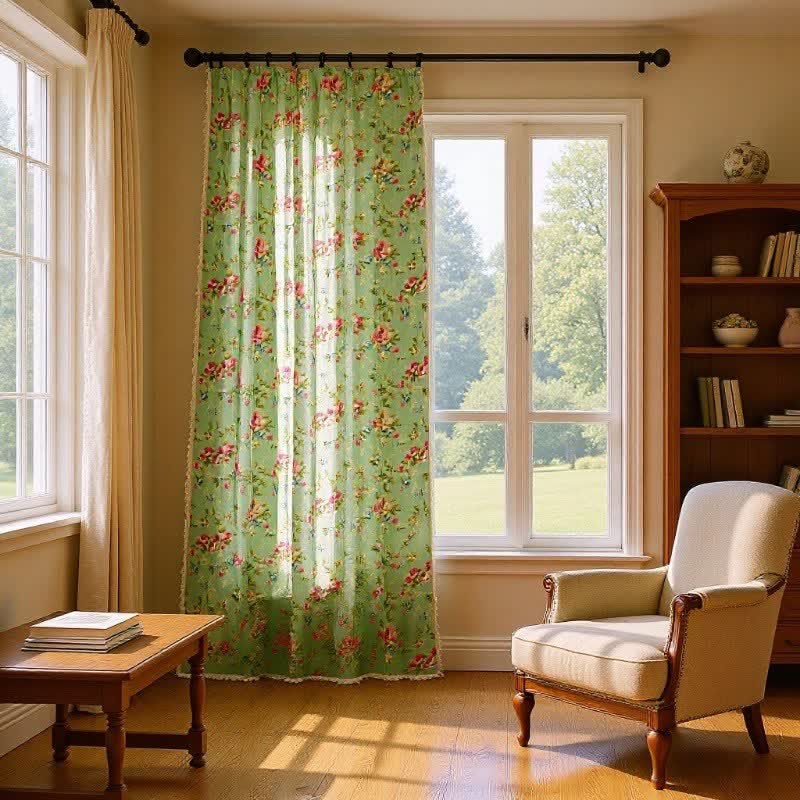 Rustic Green Rose Curtain with Tassel - image 1