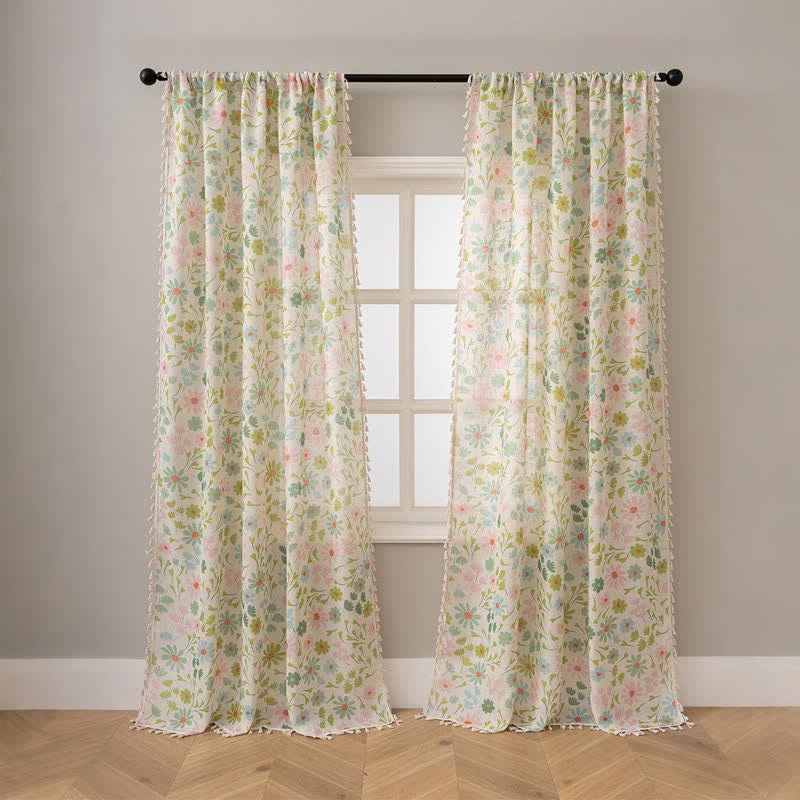 Daisy & Leaf Print Curtain With Tassel - image 2