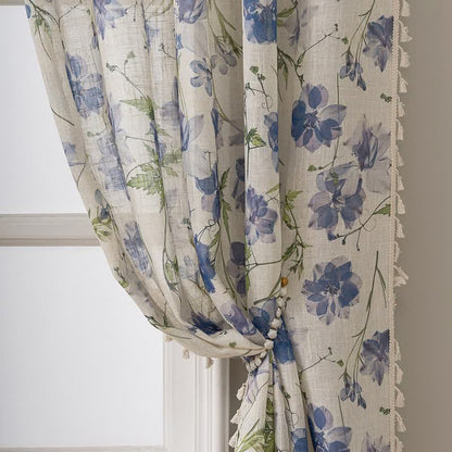 Blue Floral Print Curtain With Tassel - image 2