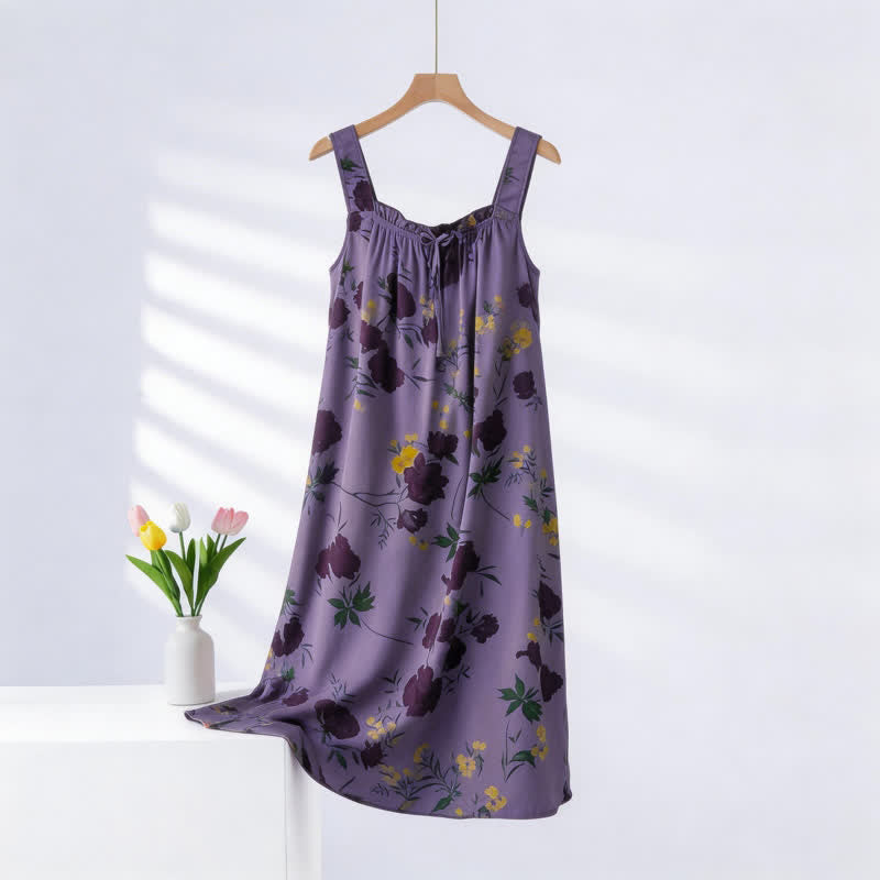 Purple Floral Print Sleeveless Nightgown - Purple - Plus Size - image 0