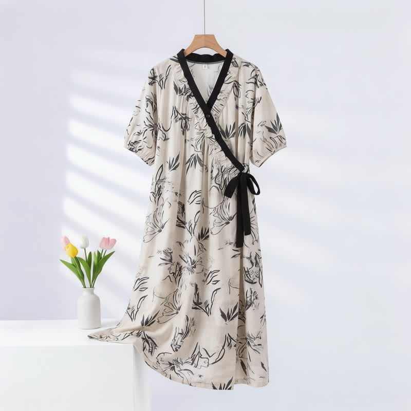 Artistic Pattern Ruffled Side-tie Nightgown - Black - 2XL - image 0