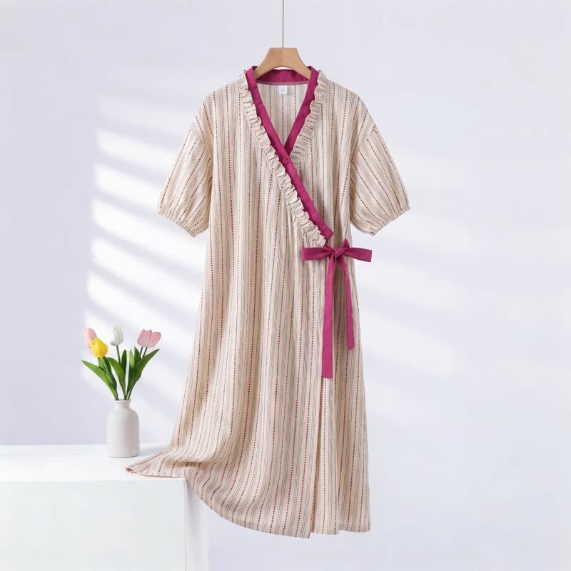 Polka Dot Striped Ruffled Side-tie Nightgown - Pink - 2XL - image 0
