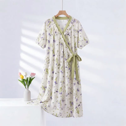 Purple Floral Ruffled Side-tie Nightgown - Green - 2XL - image 0