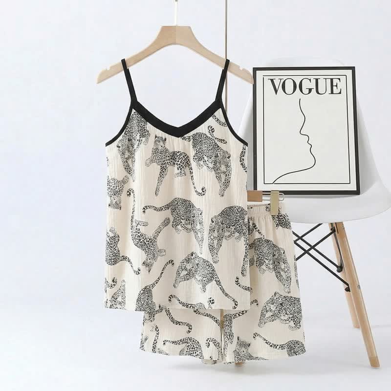 Leopard Print Cami & Shorts Pajama Set - Black - 2XL - image 0
