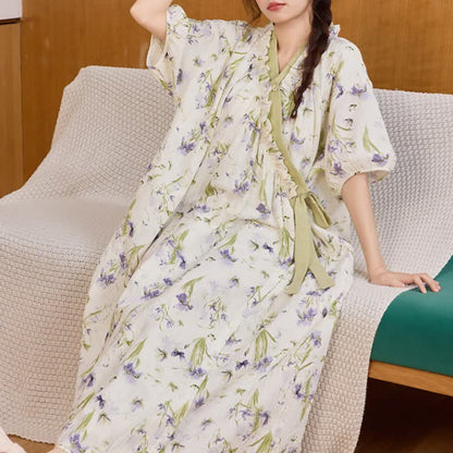 Purple Floral Ruffled Side-tie Nightgown - image 1