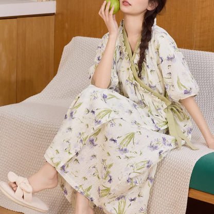 Purple Floral Ruffled Side-tie Nightgown - image 4