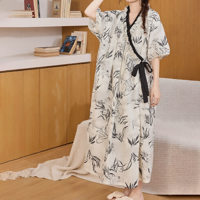 Artistic Pattern Ruffled Side-tie Nightgown - image 1