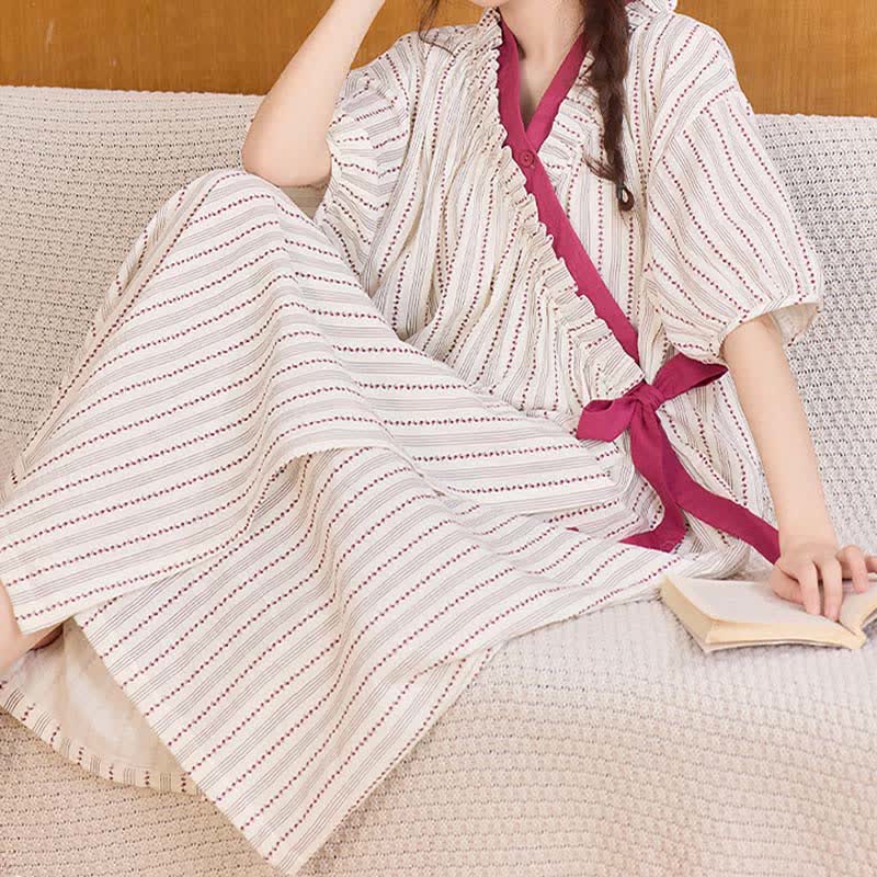 Polka Dot Striped Ruffled Side-tie Nightgown - image 3