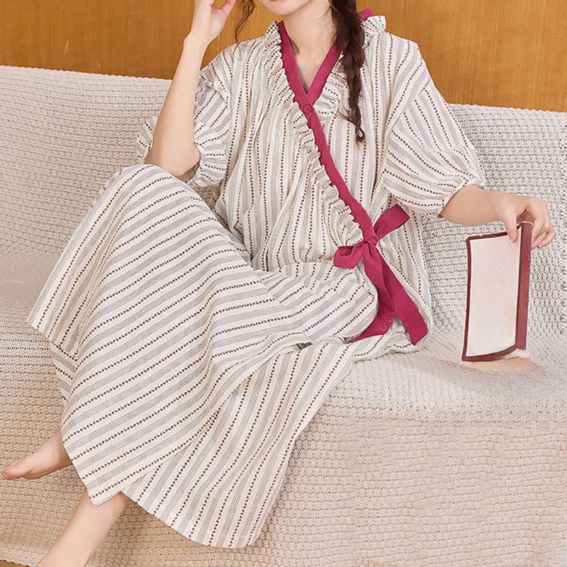 Polka Dot Striped Ruffled Side-tie Nightgown - image 4