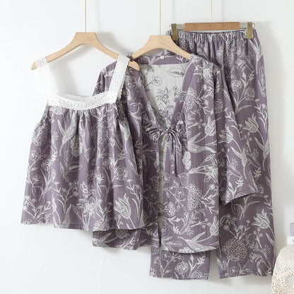 Floral Pure Cotton 3-Piece Pajama Set - Purple - L - image 13
