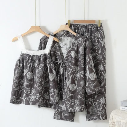 Floral Pure Cotton 3-Piece Pajama Set - Dark Grey - L - image 12