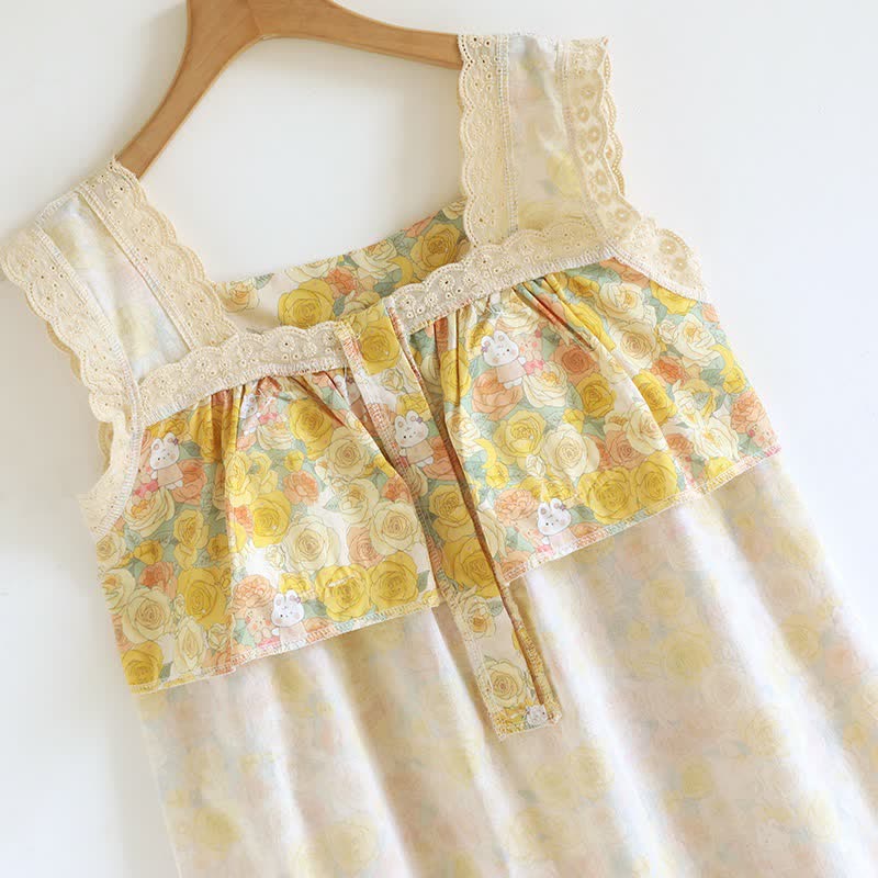 Yellow Floral Lace Trim Cotton Nightgown - image 10