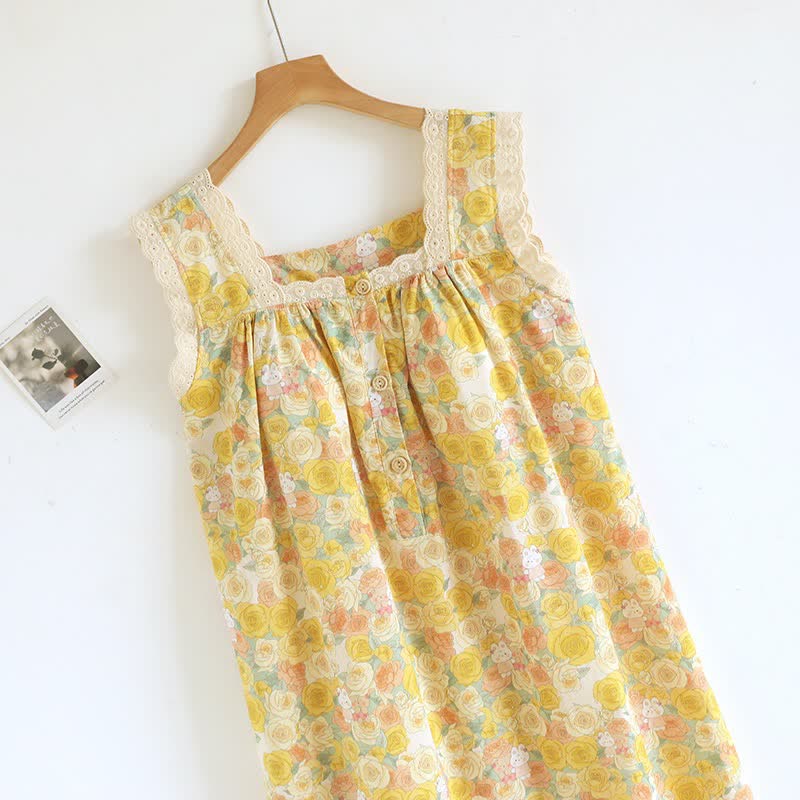 Yellow Floral Lace Trim Cotton Nightgown - image 1