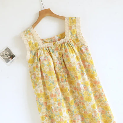 Yellow Floral Lace Trim Cotton Nightgown - image 1