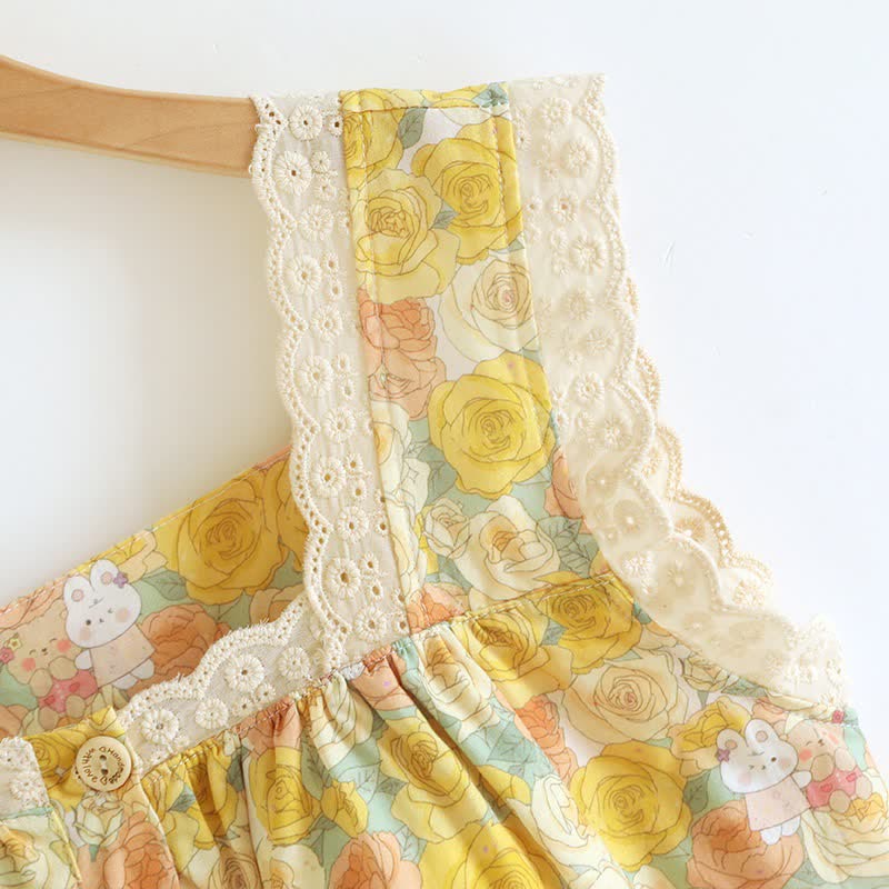 Yellow Floral Lace Trim Cotton Nightgown - image 4