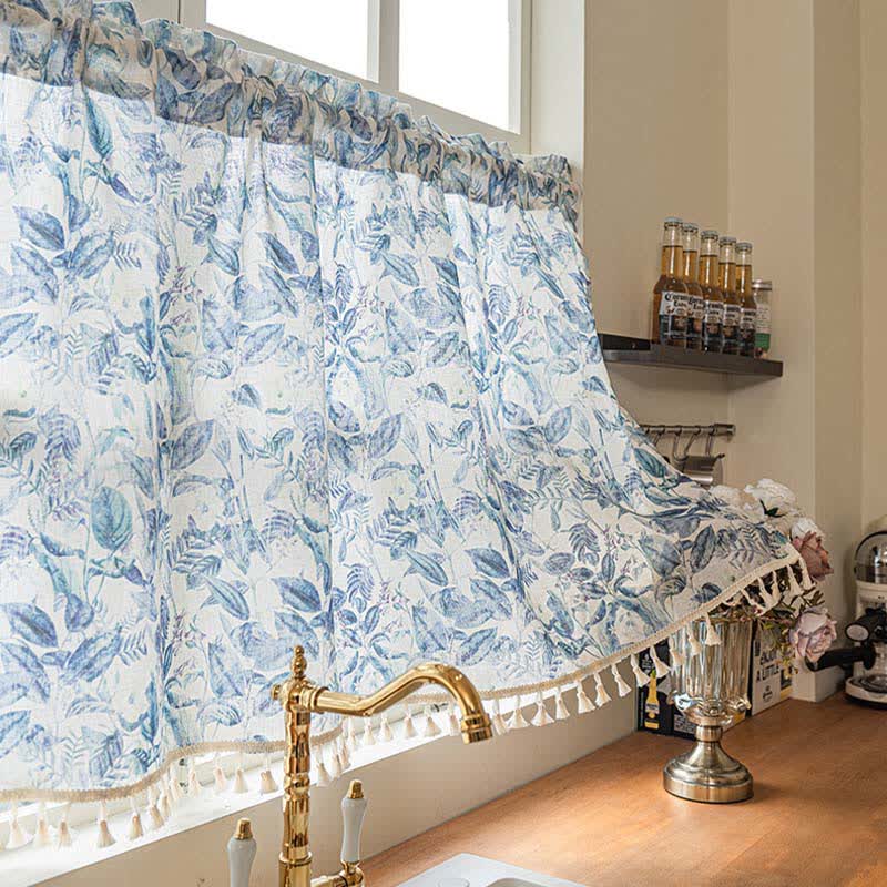 Botanical Linen Kitchen Curtain with Tassels - 52"W x 96"L - image 0