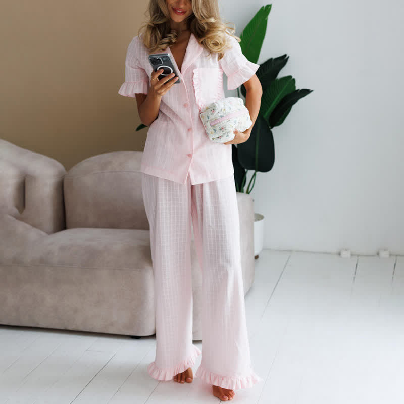 Pink Cotton Ruffle Women's Loungewear Set - Pink - L - image 0