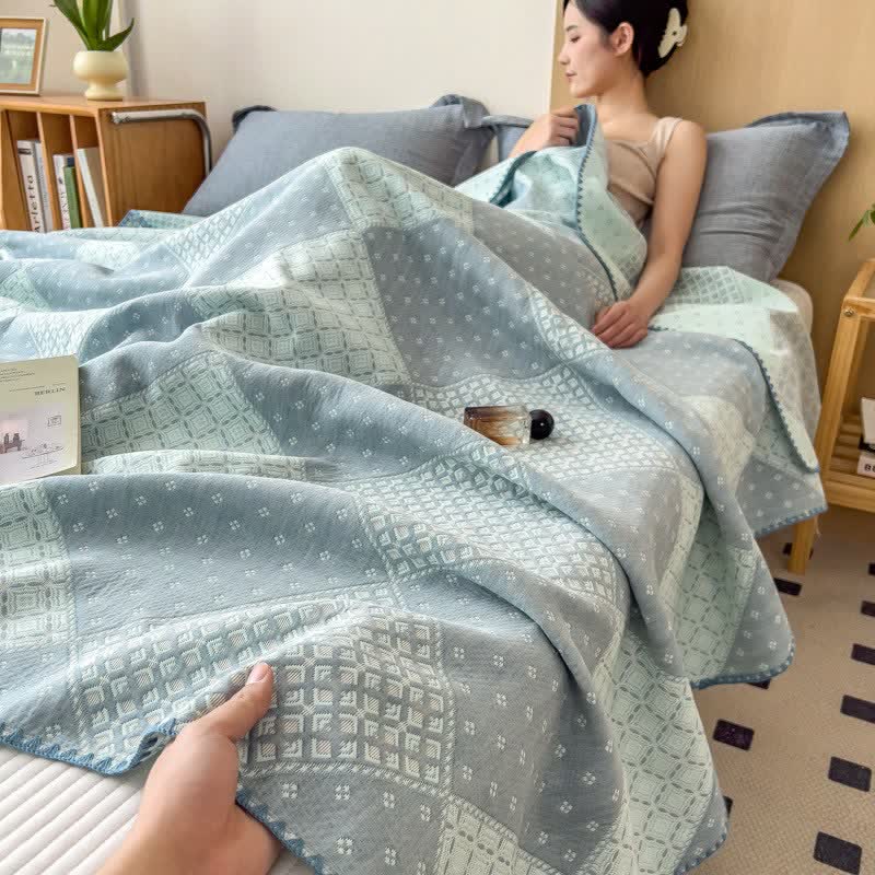 Geometric Patchwork Cotton Triple Gauze Quilt - Blue - Queen - image 0