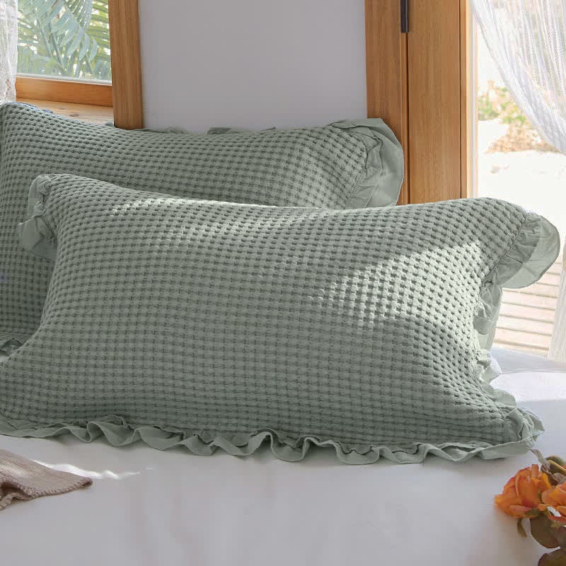 Waffle Weave Cotton Pillowcases with Ruffle (2PCS) - Gray Green - 50cm x 75cm - image 11