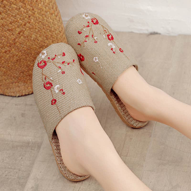 Embroidered Plum Bossom Comfy Flax Slippers - Red Plum Bossom - L - image 5