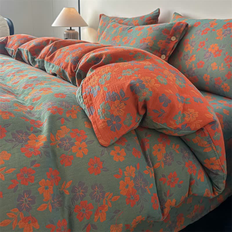Pastoral Floral Pure Cotton Gauze Bedding(4PCS) - Green - King - image 0
