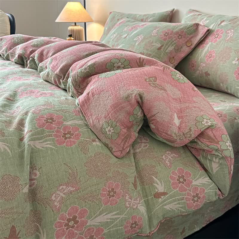 Floral & Butterfly Pure Cotton Gauze Bedding(4PCS) - Green - King - image 0