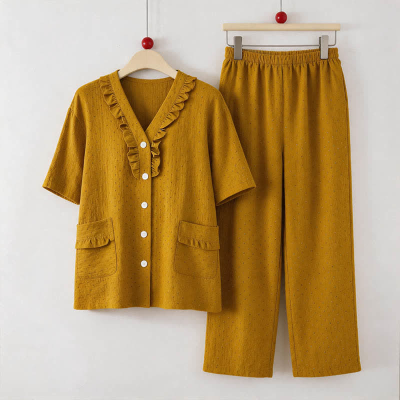 Mustard Cotton Ruffle Loungewear Set - Yellow - 5XL - image 0