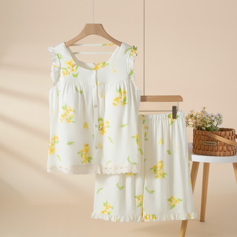 Osmanthus Ruffle Lace Sleeveless Loungewear Set - White - XL - image 0