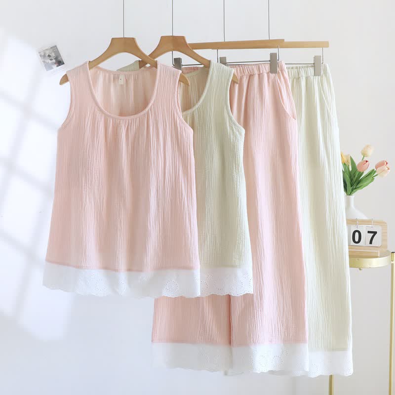 Solid Cotton Gauze Lace Loungewear Set - image 0