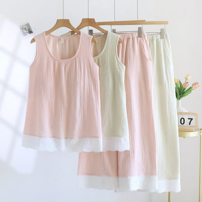 Solid Cotton Gauze Lace Loungewear Set - image 0