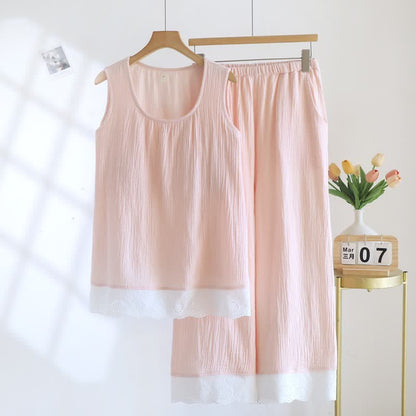 Solid Cotton Gauze Lace Loungewear Set - Pink - XXL - image 2