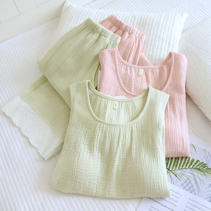 Solid Cotton Gauze Lace Loungewear Set - image 1