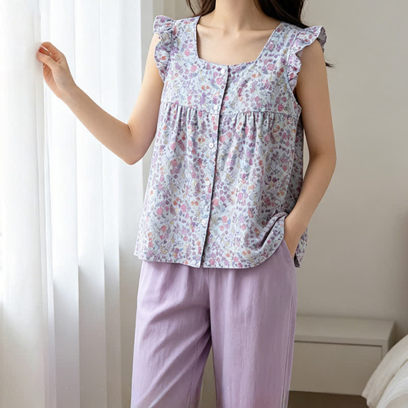 Floral Cotton Gauze Ruffle Loungewear Set - image 1