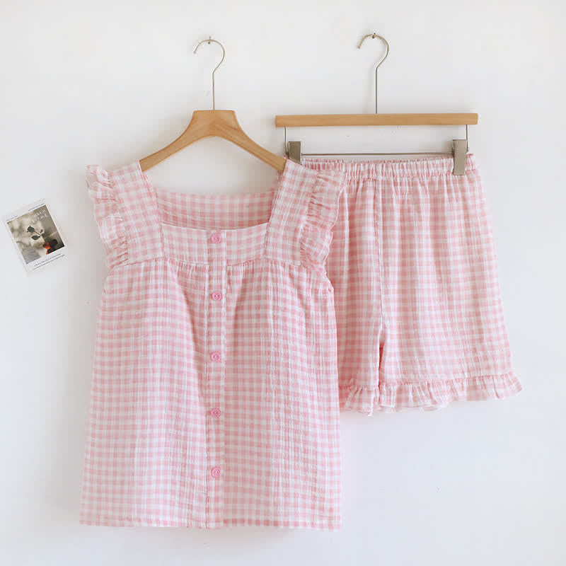 Ruffle Sleeve Gingham Cotton Pajama Set - Pink - XL - image 17